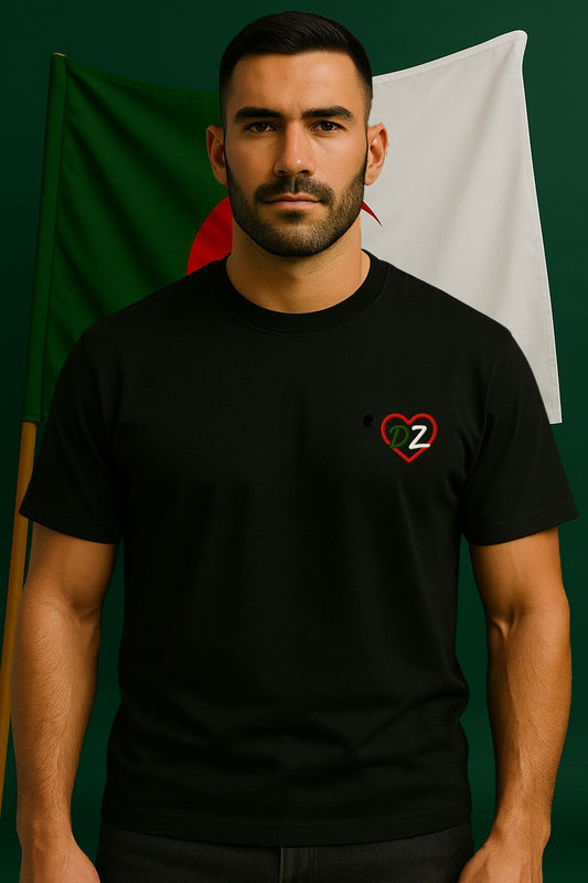 T-shirt noir pour homme avec broderie Cœur DZ aux couleurs de l’Algérie