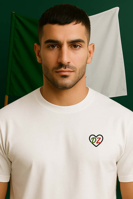 T-shirt fierté algérienne blanc pour homme avec broderie Coeur cœur DZ aux couleurs de l’Algérie 100% coton premium