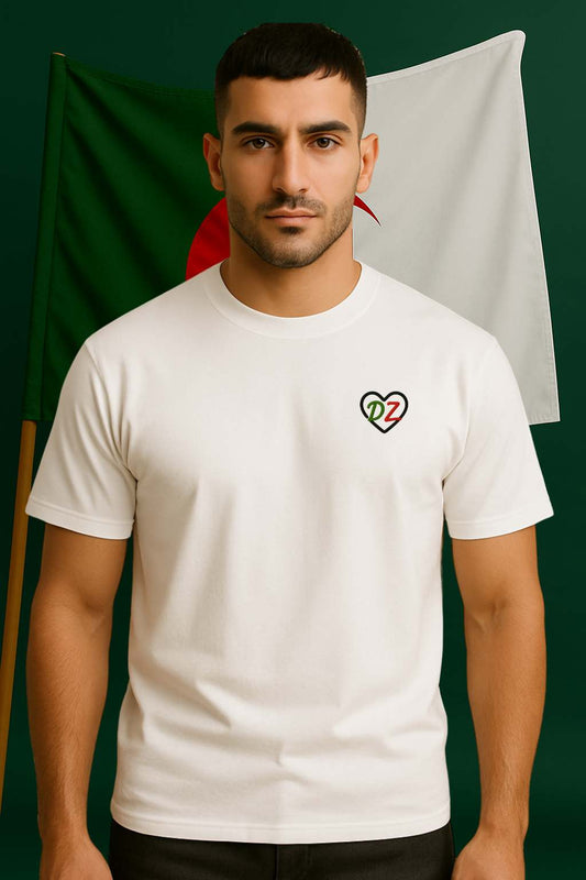 T-shirt fierte algerienne edition Palestine noir pour homme avec broderie Coeur cœur DZ aux couleurs de l’algerie 100% coton premium