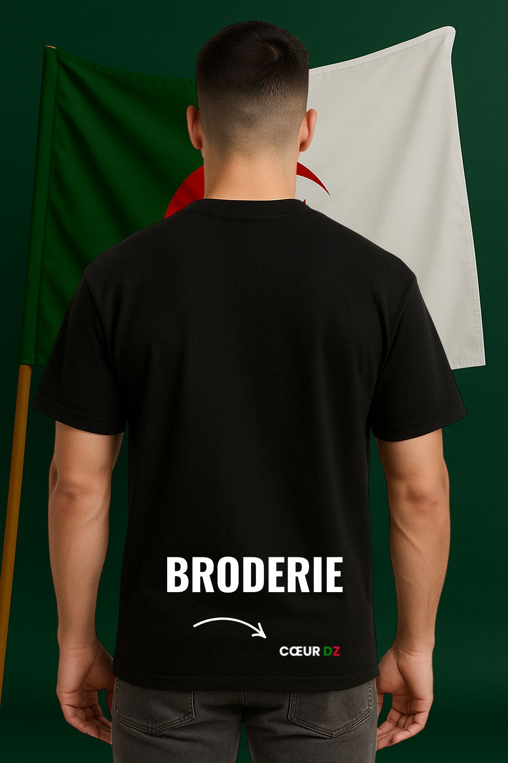 T-shirt noir pour homme avec broderie coeur DZ aux couleurs de l’Algérie 100% coton montrant la fierte algerienne