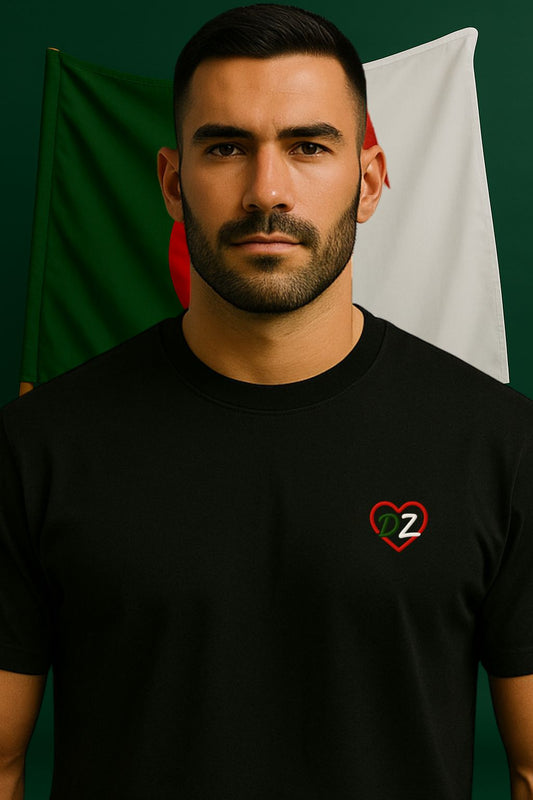 T-shirt fierte algerienne edition Palestine noir pour homme avec broderie Coeur cœur DZ aux couleurs de l’algerie 100% coton premium