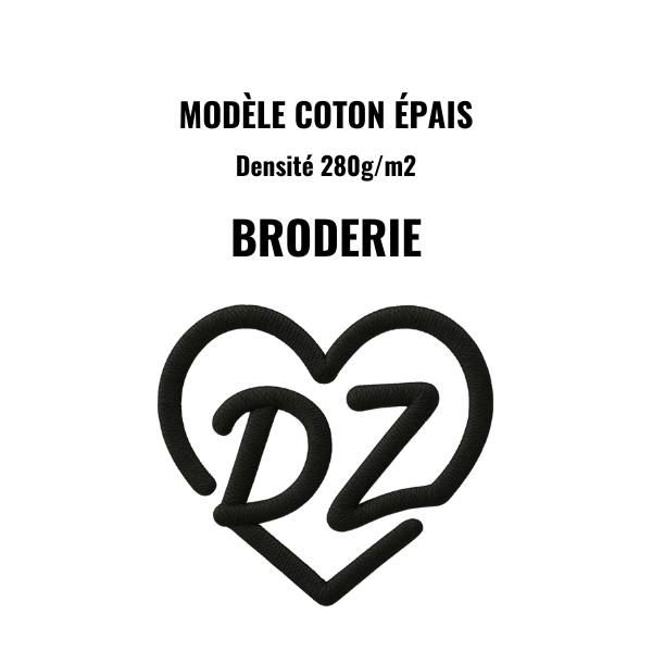 T-shirt Cœur DZ Blanc - Broderie Noire (modèle épais)
