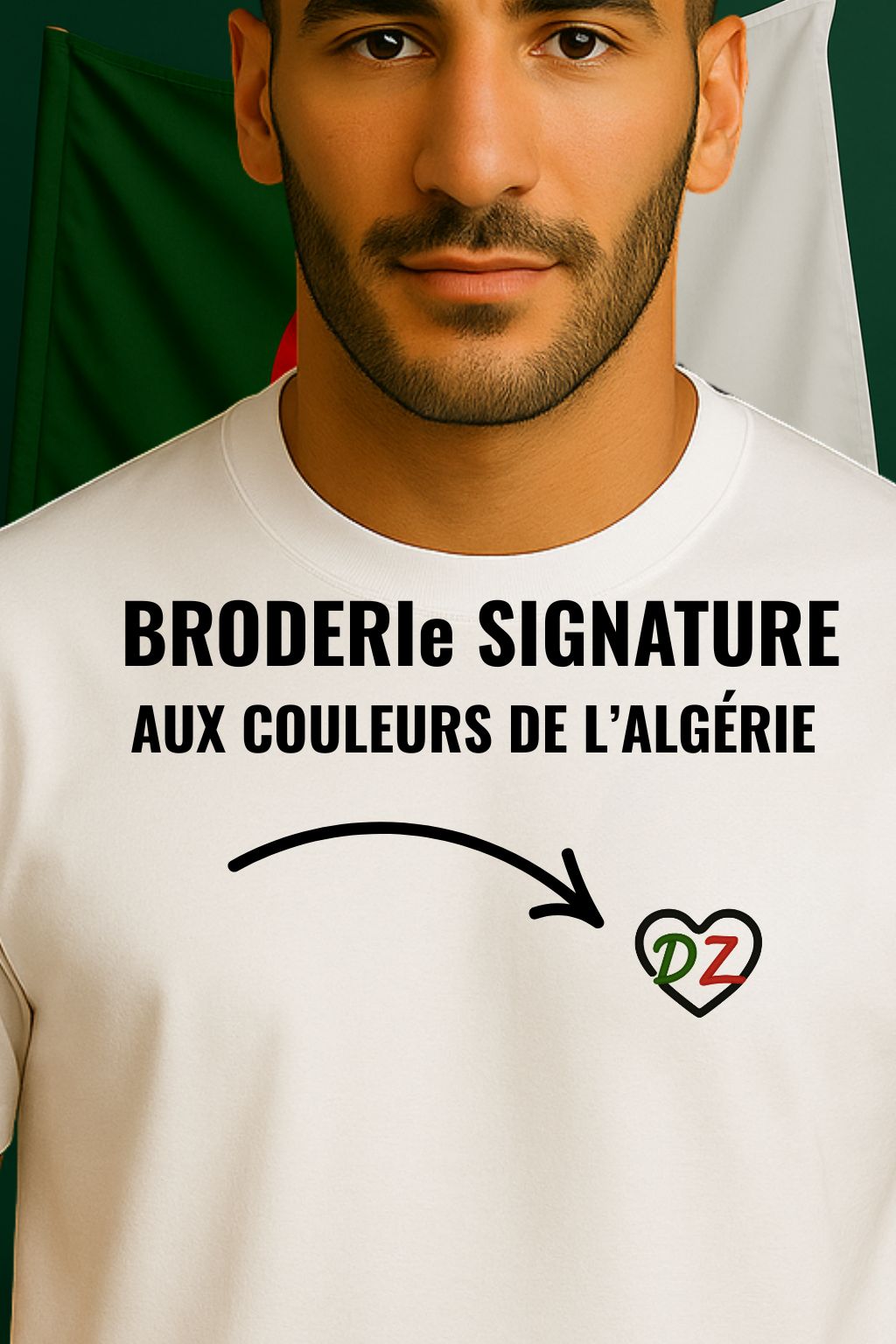T-shirt fierte algerienne edition Palestine noir pour homme avec broderie Coeur cœur DZ aux couleurs de l’algerie 100% coton premium  