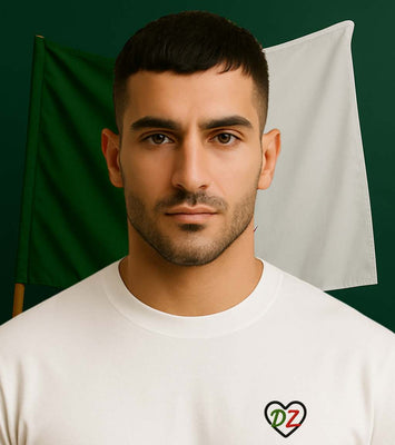 T-shirt fierté algérienne blanc pour homme avec broderie Coeur cœur DZ aux couleurs de l’Algérie 100% coton premium  
