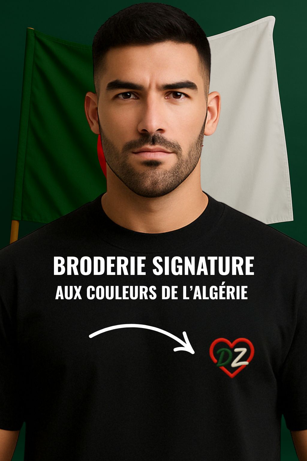 T-shirt noir pour homme coupe droite 100% coton avec broderie Cœur DZ aux couleurs de l’Algérie 100% coton 