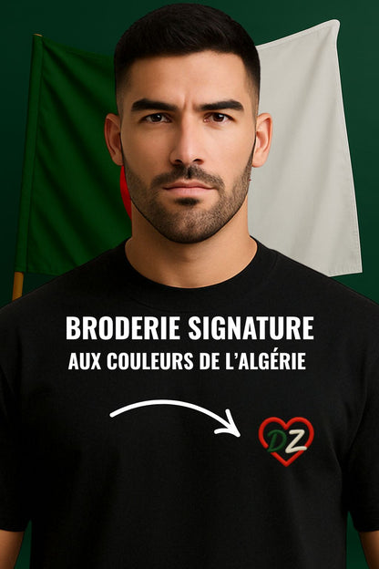 T-shirt noir pour homme coupe droite 100% coton avec broderie Cœur DZ aux couleurs de l’Algérie 100% coton 