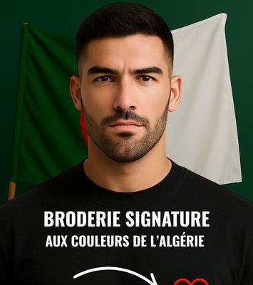 T-shirt noir pour homme coupe droite 100% coton avec broderie Cœur DZ aux couleurs de l’Algérie 100% coton 