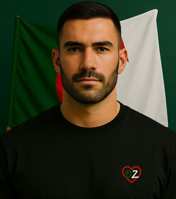 T-shirt fierte algerienne edition Palestine noir pour homme avec broderie Coeur cœur DZ aux couleurs de l’algerie 100% coton premium  